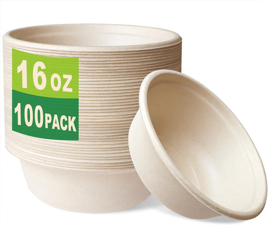 GreenWorks 100 Count 16 OZ Compostable Bowls, Natural Unbleached Biodegradable Bagasse and Bamboo fiber Paper Bowls