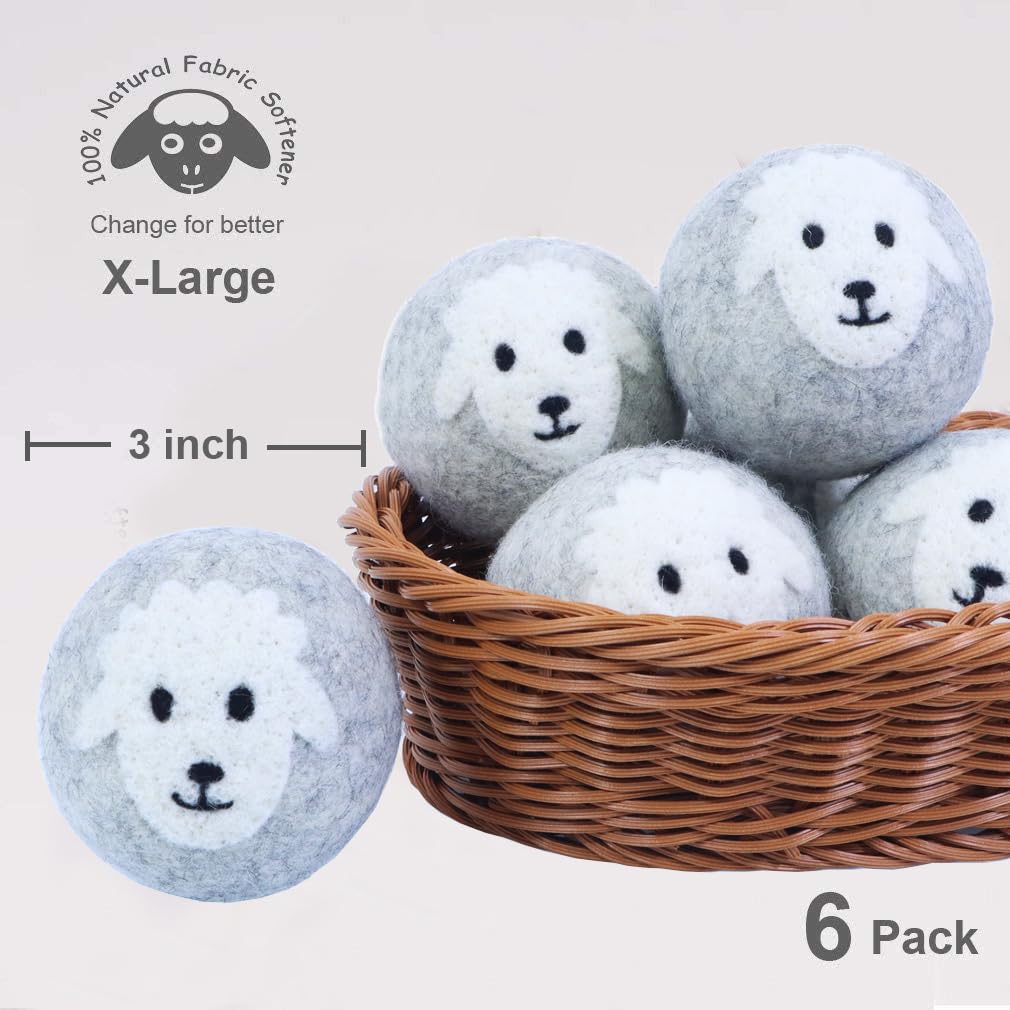 Wool Dryer Balls XL 6-Pack – 100% New Zealand Organic, Chemical-Free, Baby Safe & Hypoallergenic Fabric Softener
