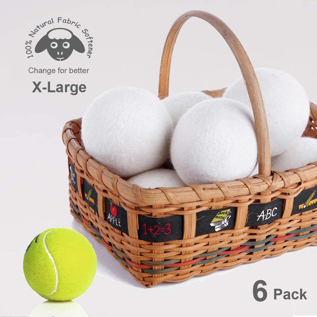 Wool Dryer Balls XL 6-Pack – 100% New Zealand Organic, Chemical-Free, Baby Safe & Hypoallergenic Fabric Softener