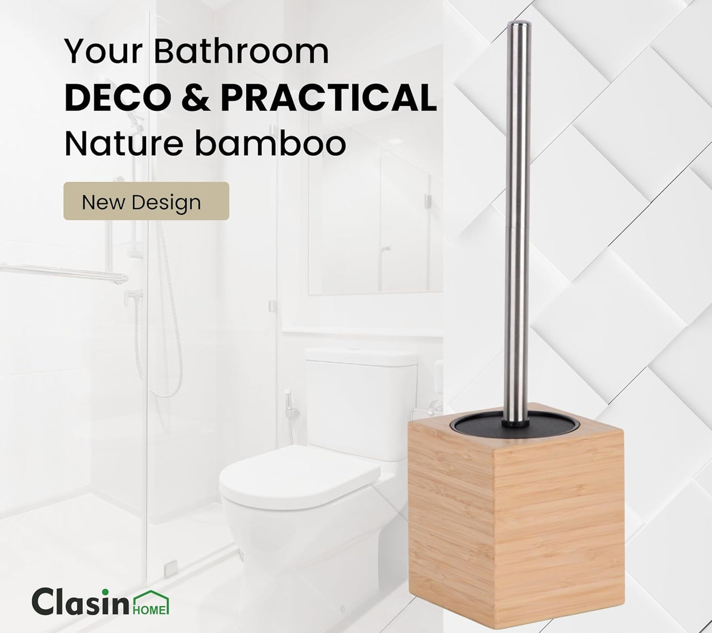 Toilet Brush with Bamboo Holder – Stainless Steel Handle, Long Toilet Scrubber for Deep Cleaning