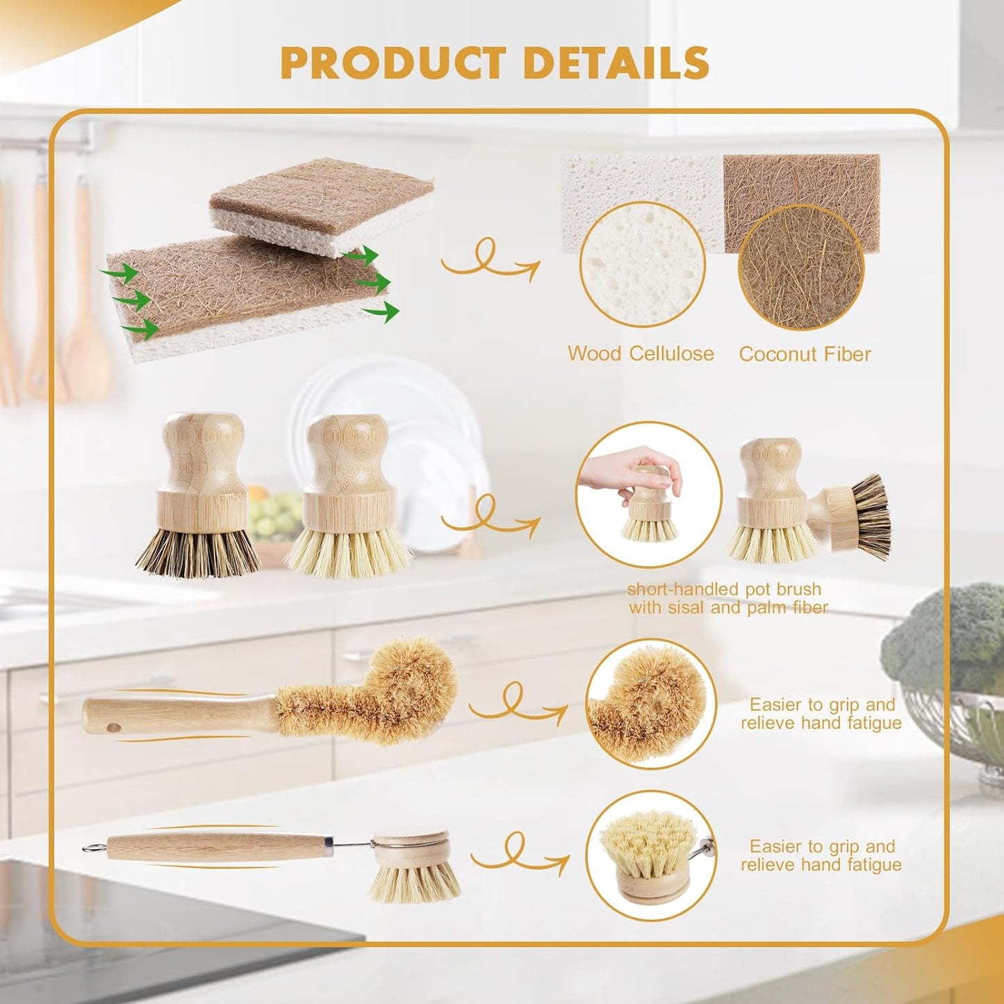 Bamboo Dish Brush Set with Coconut Sponge – For Dishes, Pots, Pans & Bottles
