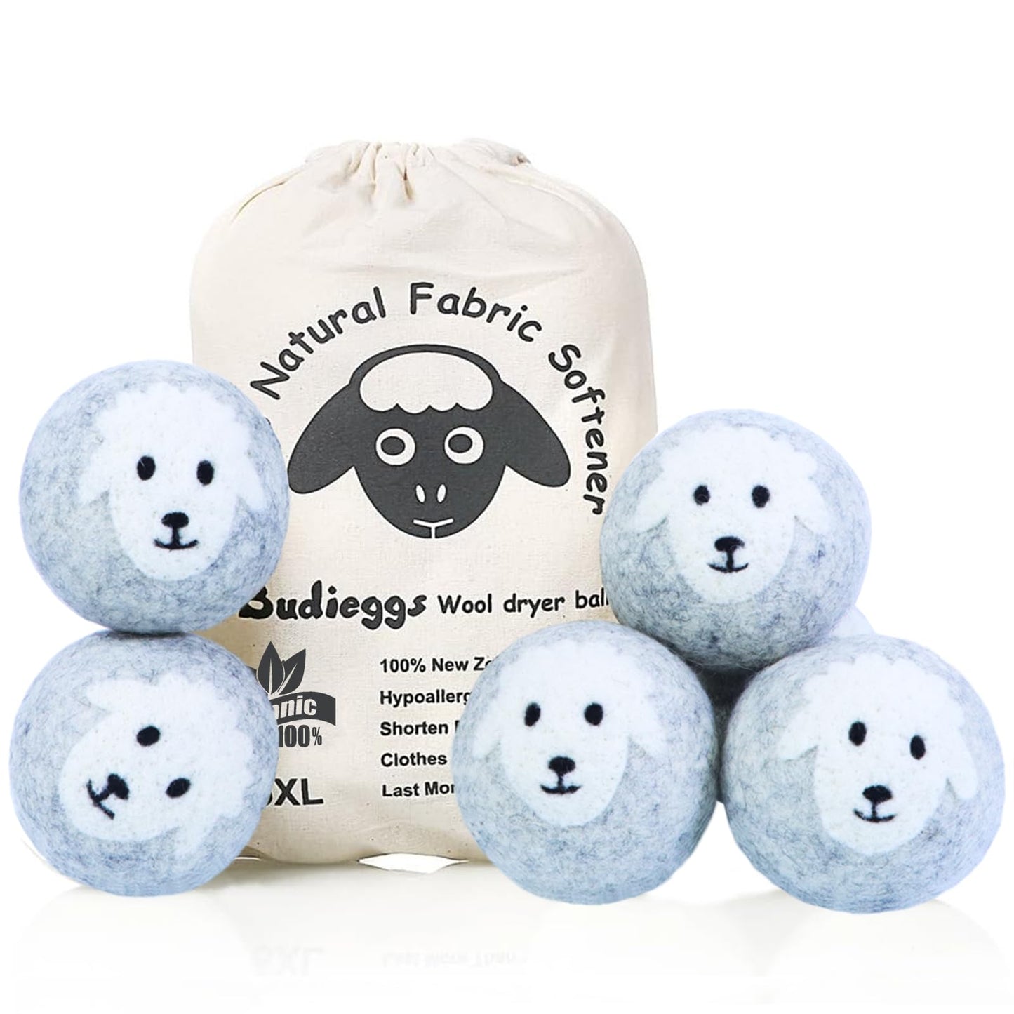 Wool Dryer Balls XL 6-Pack – 100% New Zealand Organic, Chemical-Free, Baby Safe & Hypoallergenic Fabric Softener