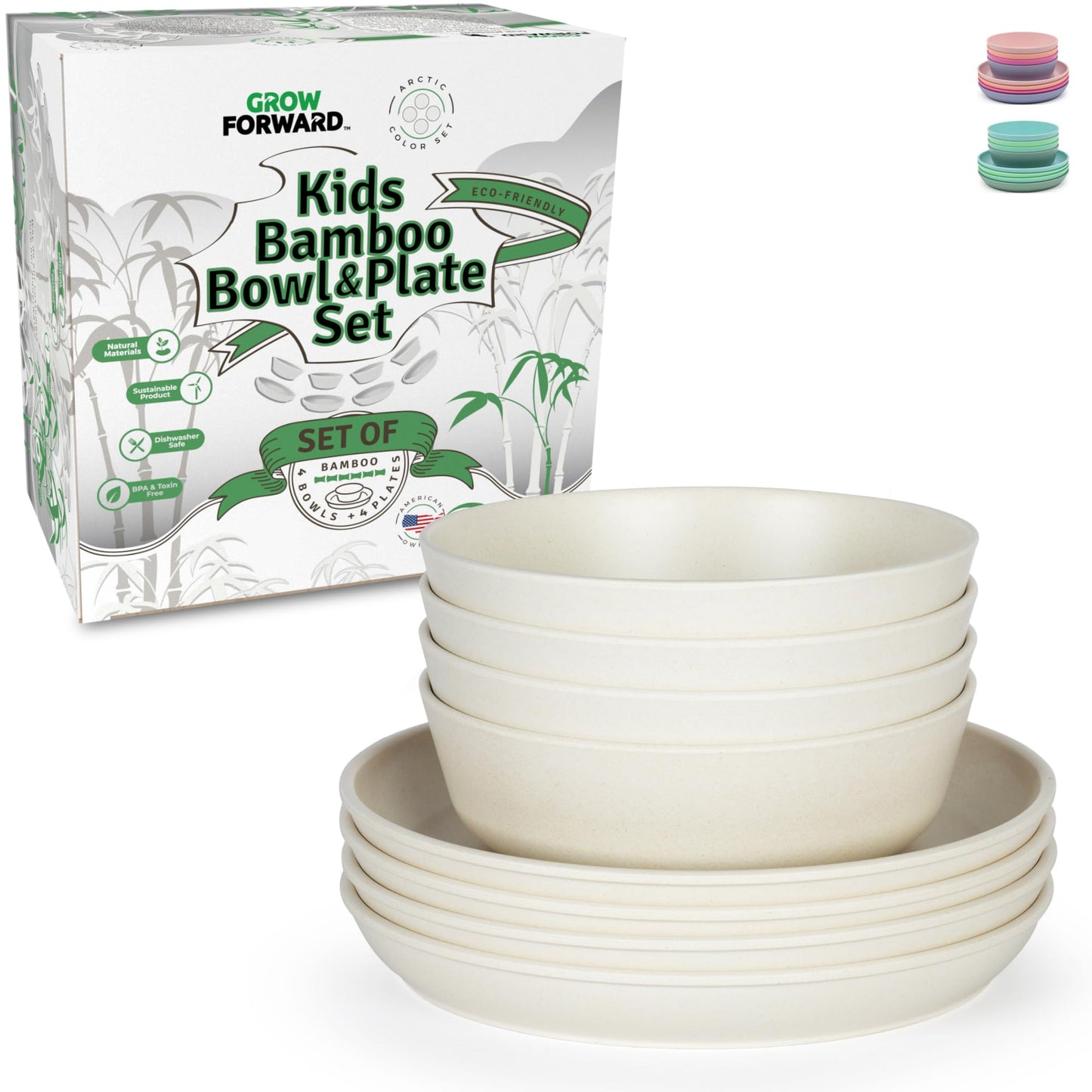 Grow Forward Bamboo Kids Plates and Bowls Sets - 8-Piece Dishwasher Safe Non Toxic Plates for Kids - Reusable Eco Friendly BPA Free Dishes Dinnerware Sets for Children - Rainforest