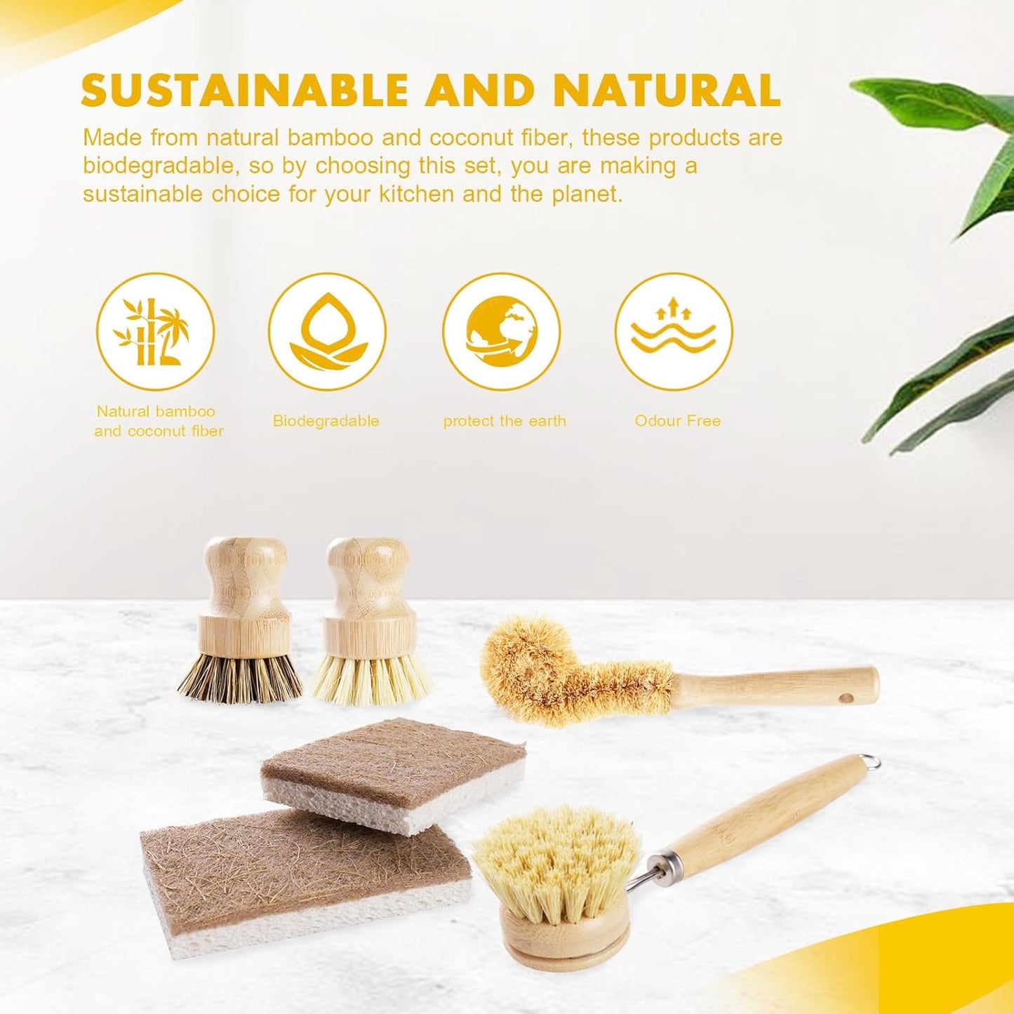 Bamboo Dish Brush Set with Coconut Sponge – For Dishes, Pots, Pans & Bottles