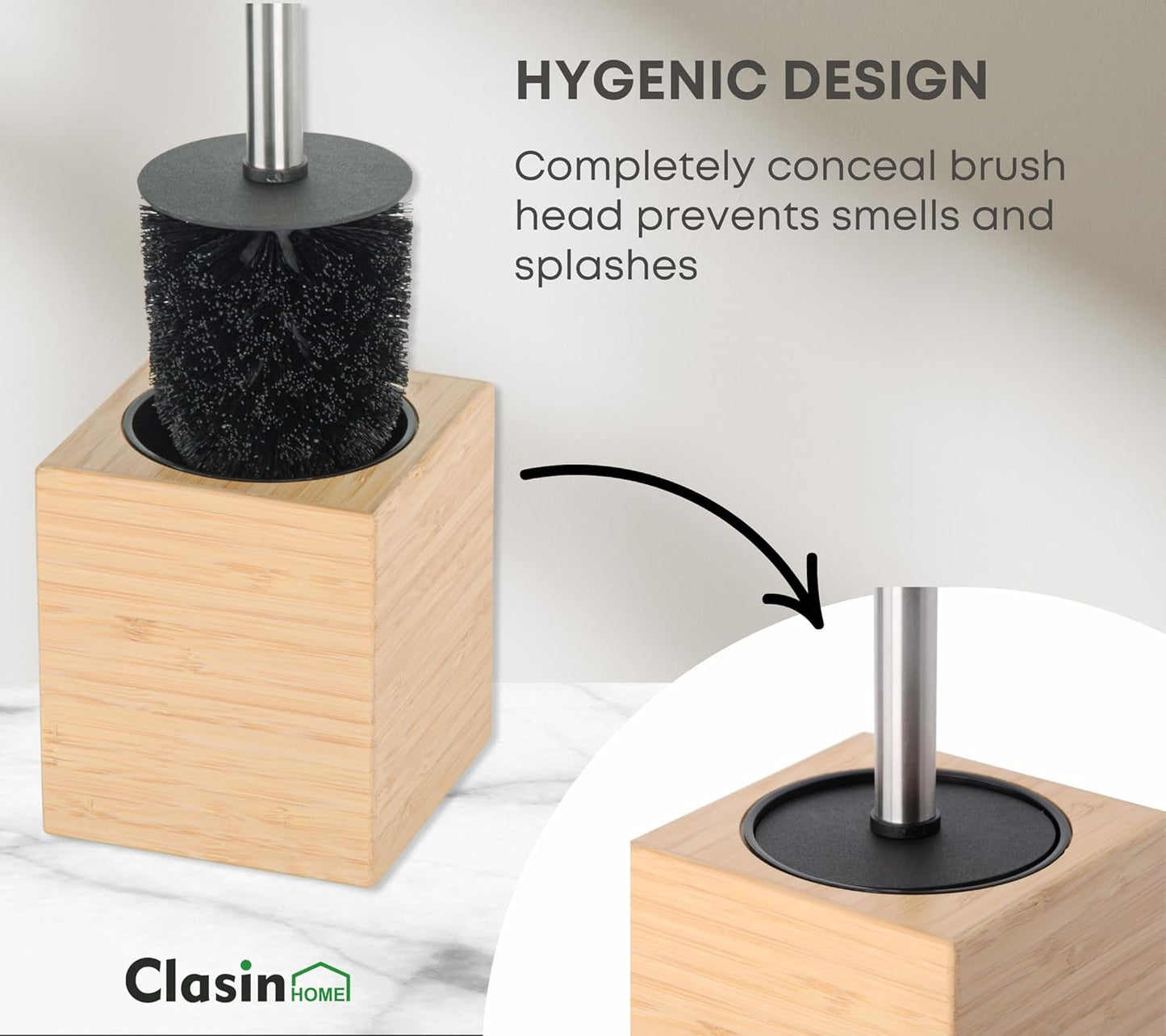 Toilet Brush with Bamboo Holder – Stainless Steel Handle, Long Toilet Scrubber for Deep Cleaning