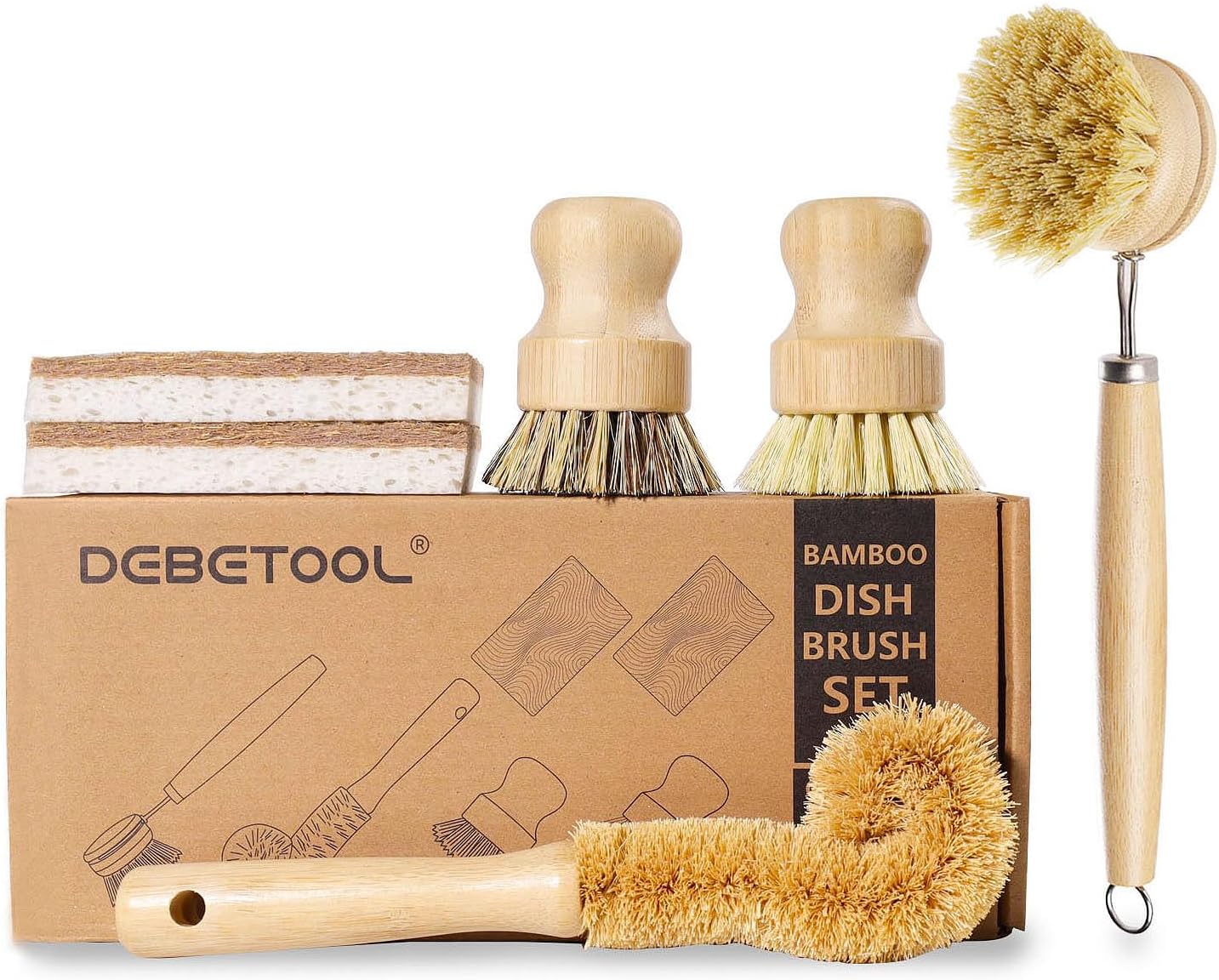 Bamboo Dish Brush Set with Coconut Sponge – For Dishes, Pots, Pans & Bottles