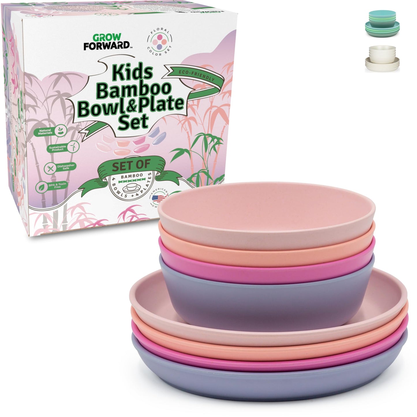 Grow Forward Bamboo Kids Plates and Bowls Sets - 8-Piece Dishwasher Safe Non Toxic Plates for Kids - Reusable Eco Friendly BPA Free Dishes Dinnerware Sets for Children - Rainforest
