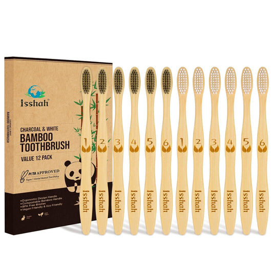 Biodegradable Eco-Friendly Natural Bamboo Charcoal Toothbrushes, FSC Certified and PETA Approved - 12 Count
