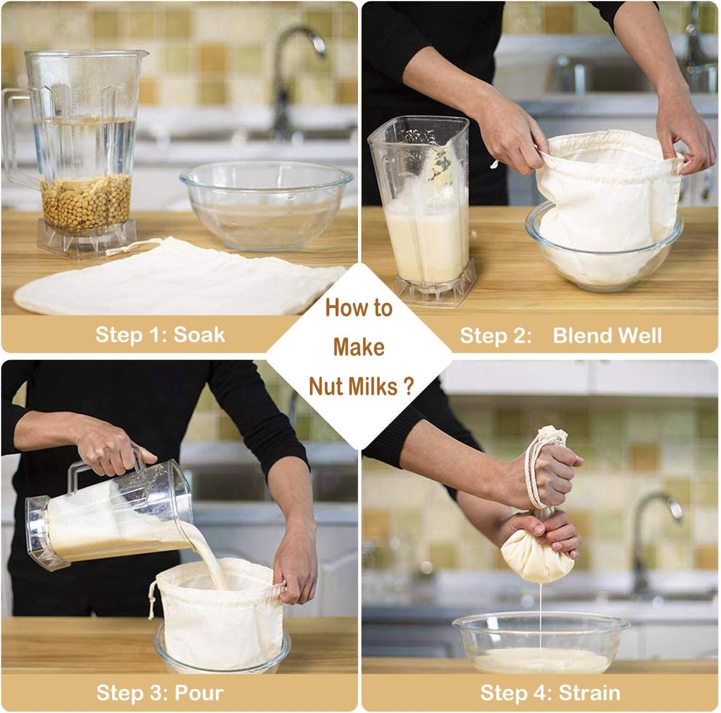 3 PCS 12"x12" Nut Milk Bags - 100% Unbleached Cotton Cheesecloth, Reusable Food Strainer Colander For Straining Almond/Oat Milk, Celery Juice, Cold Brew Coffee, Yogurt and Cheese Making