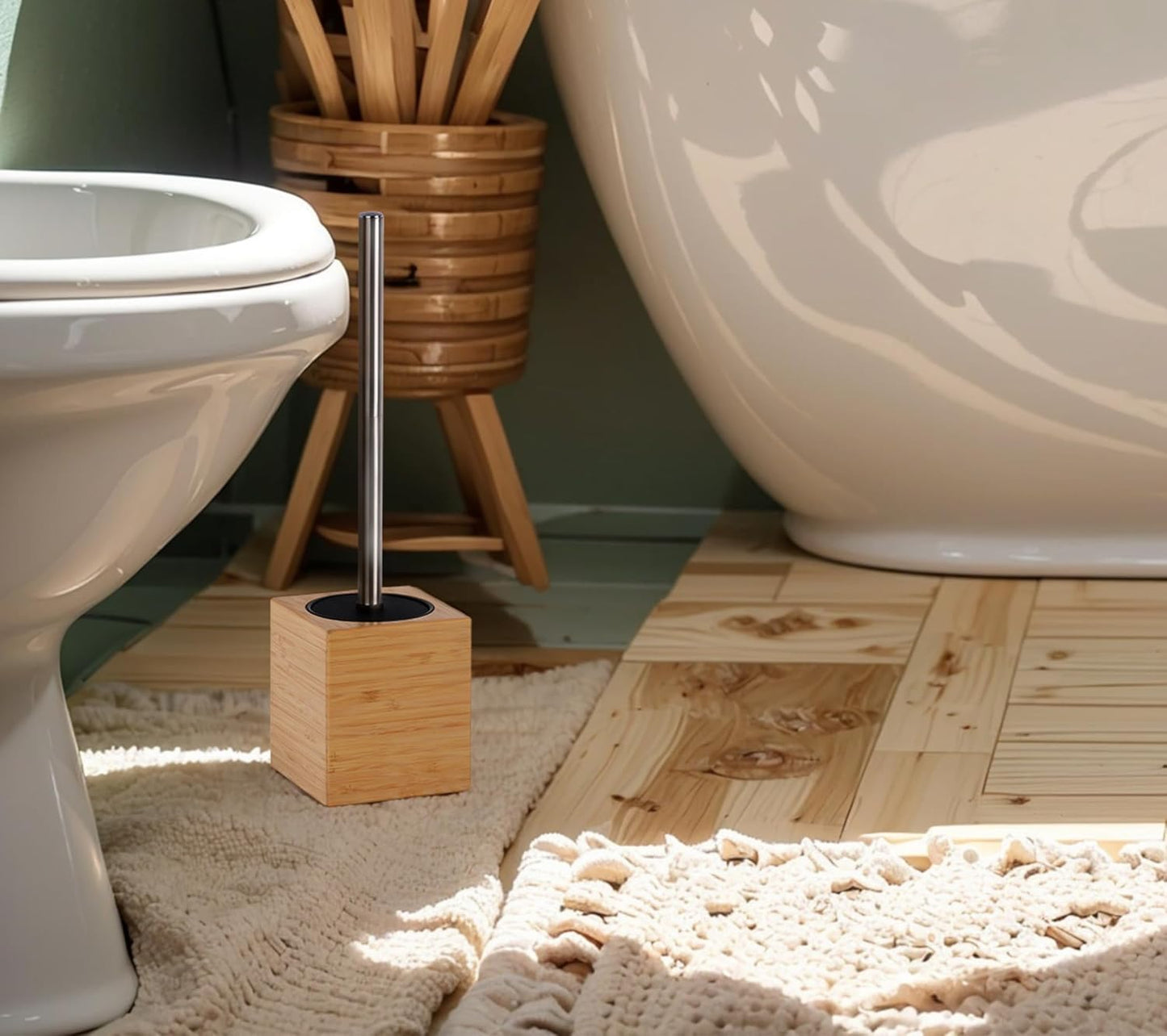 Toilet Brush with Bamboo Holder – Stainless Steel Handle, Long Toilet Scrubber for Deep Cleaning