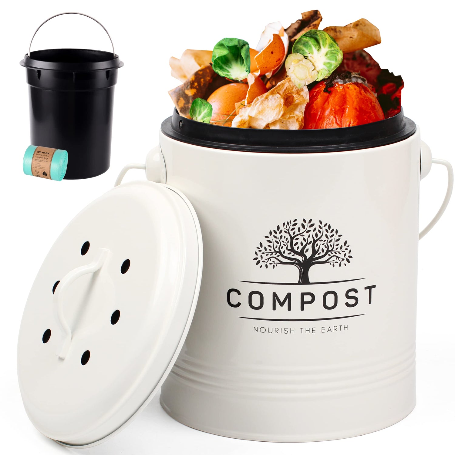 Perfnique Kitchen Compost Bin, 1.3 Gallon Countertop Compost Bin with Lid, Indoor Compost Bucket Includes Inner Bucket Liner and Carbon Filter, Small Compost Bin with Trash Bags (with Bags, Black)