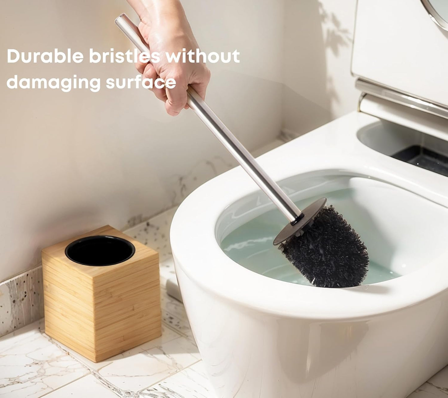 Toilet Brush with Bamboo Holder – Stainless Steel Handle, Long Toilet Scrubber for Deep Cleaning