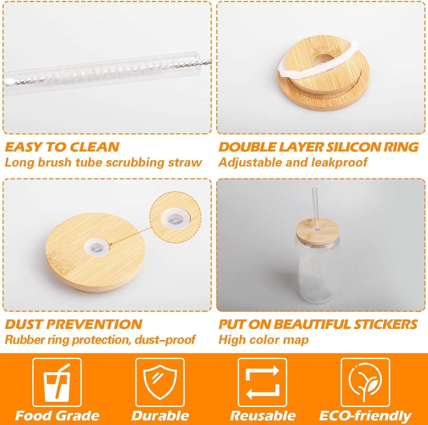 Drinking Glasses with Bamboo Lids and Glass Straw 2PCS Set, 16oz Glass Cups with Lids and Straws, Beer, Iced Coffee Glasses, Soda, Gift 1 Cleaning Brushes