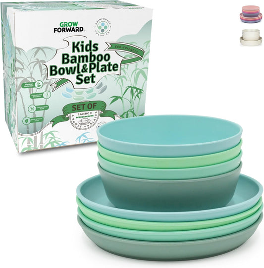Grow Forward Bamboo Kids Plates and Bowls Sets - 8-Piece Dishwasher Safe Non Toxic Plates for Kids - Reusable Eco Friendly BPA Free Dishes Dinnerware Sets for Children - Rainforest