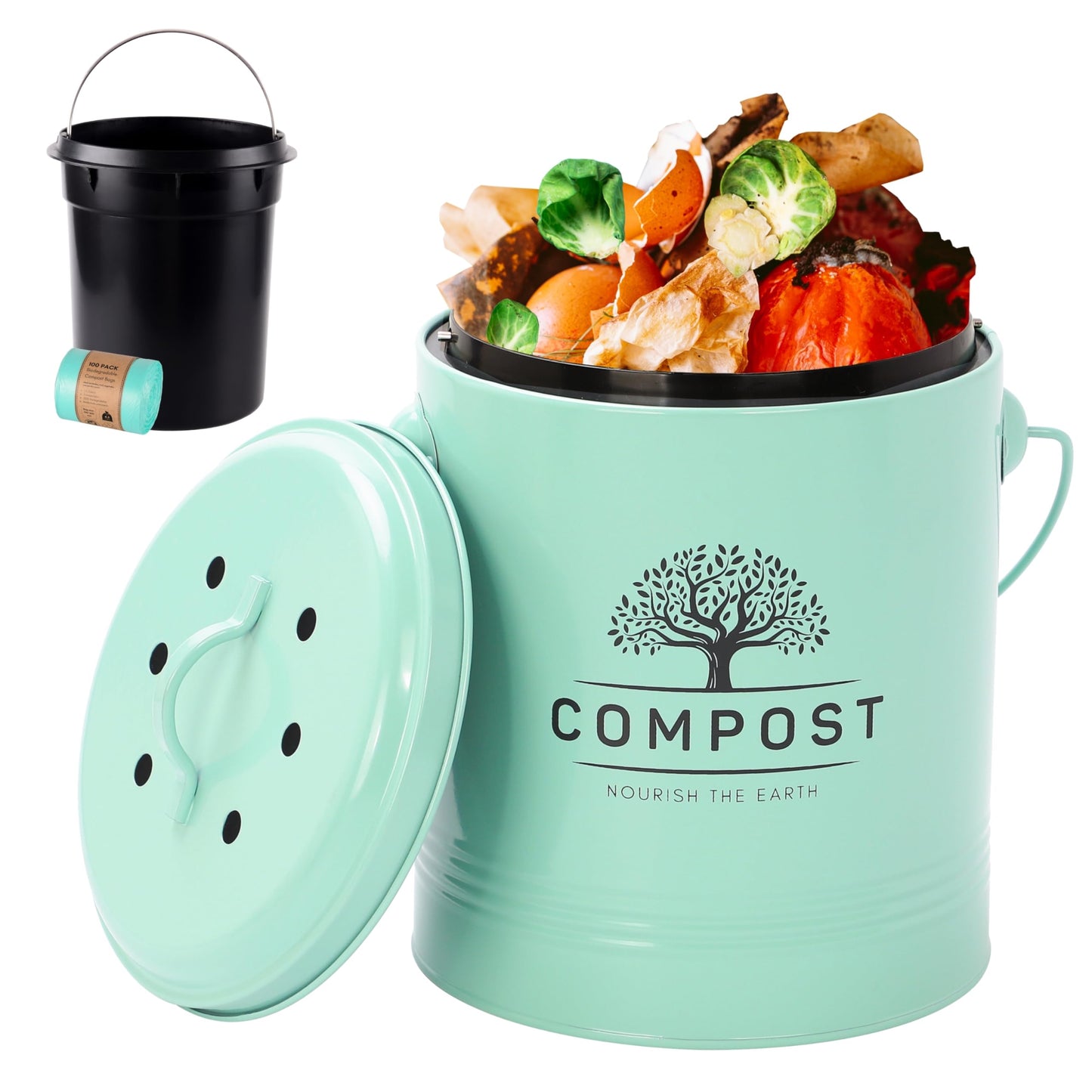 Perfnique Kitchen Compost Bin, 1.3 Gallon Countertop Compost Bin with Lid, Indoor Compost Bucket Includes Inner Bucket Liner and Carbon Filter, Small Compost Bin with Trash Bags (with Bags, Black)