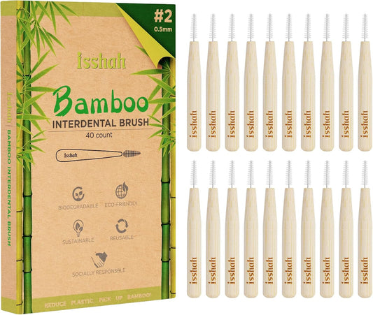 Biodegradable Bamboo Handle Interdental Brushes Between Teeth Cleaner Deep Clean Toothpick, FSC Certified and PETA Approved, Size 2 (0.5mm), 40 Count