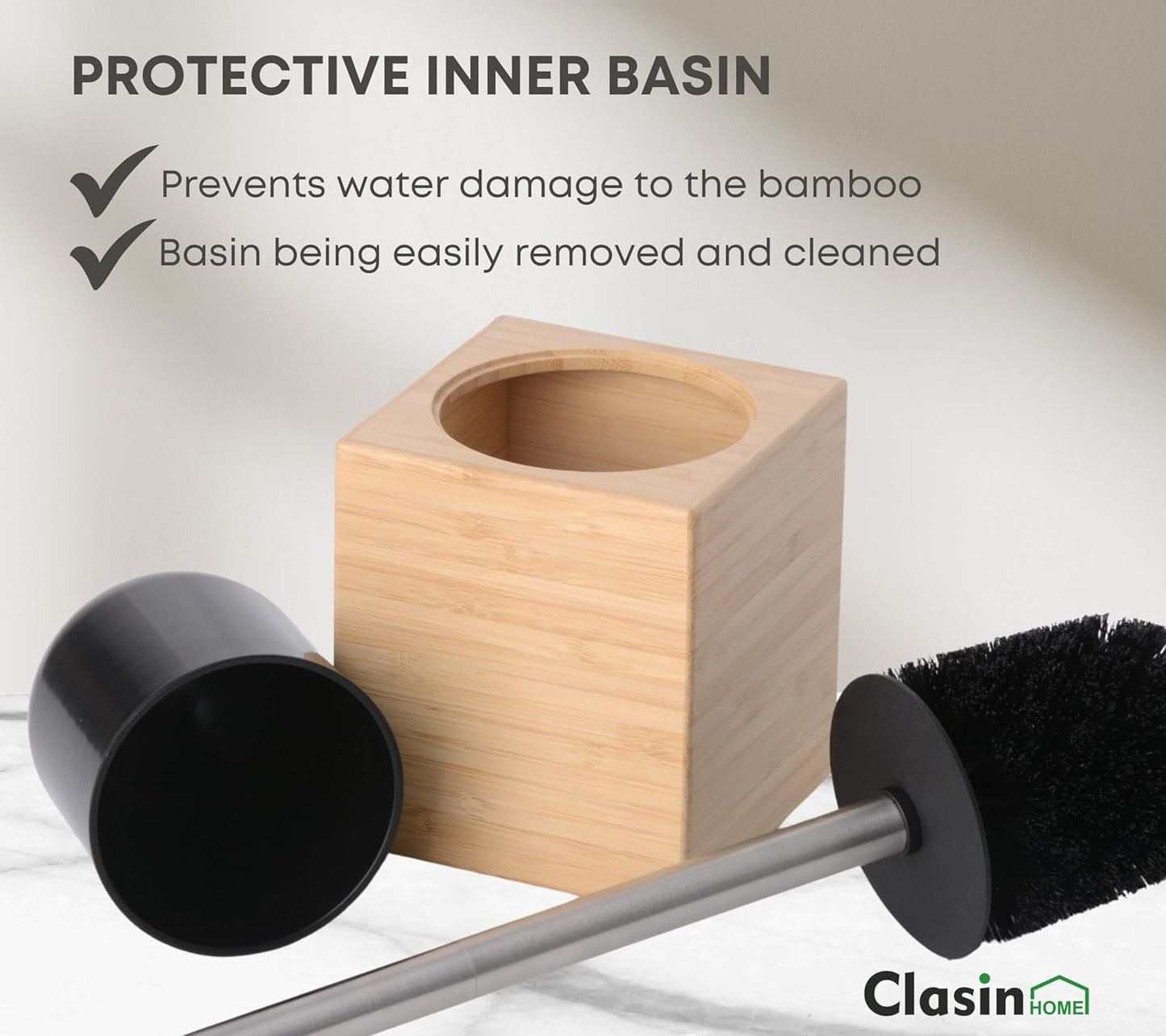 Toilet Brush with Bamboo Holder – Stainless Steel Handle, Long Toilet Scrubber for Deep Cleaning