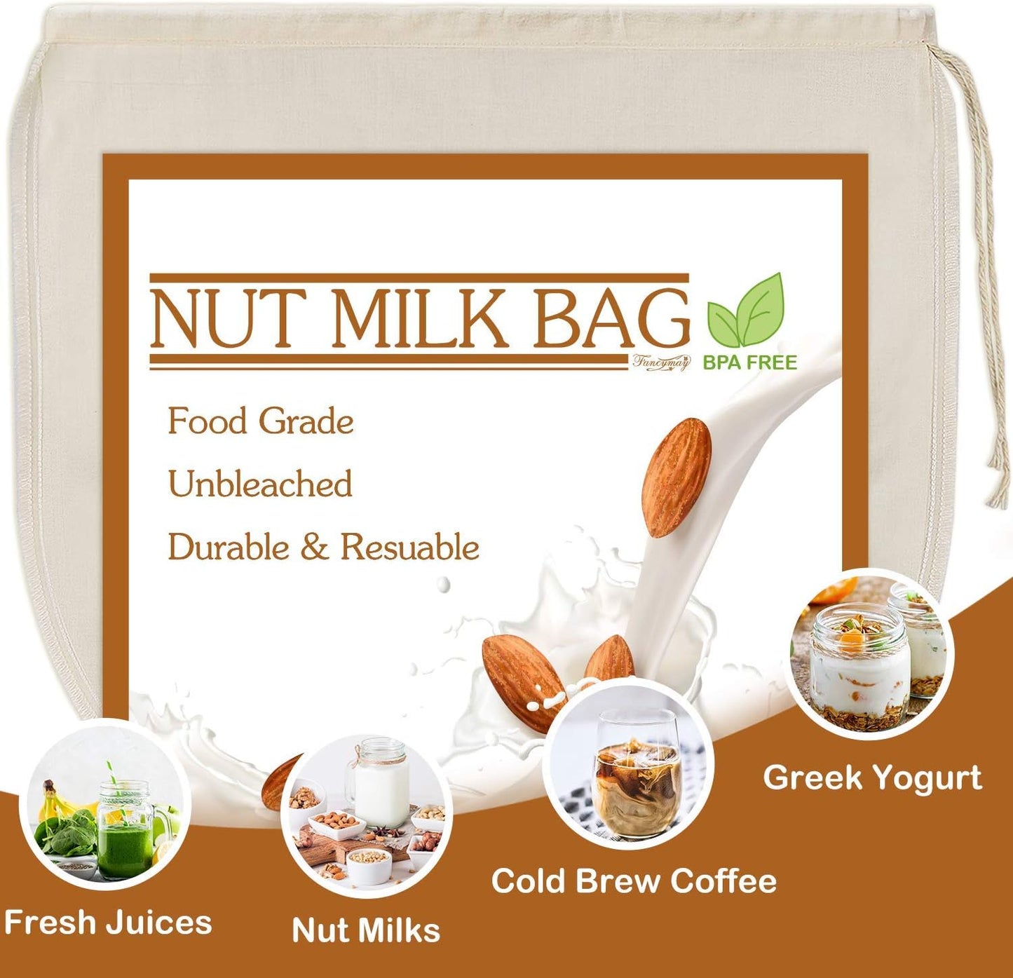 3 PCS 12"x12" Nut Milk Bags - 100% Unbleached Cotton Cheesecloth, Reusable Food Strainer Colander For Straining Almond/Oat Milk, Celery Juice, Cold Brew Coffee, Yogurt and Cheese Making