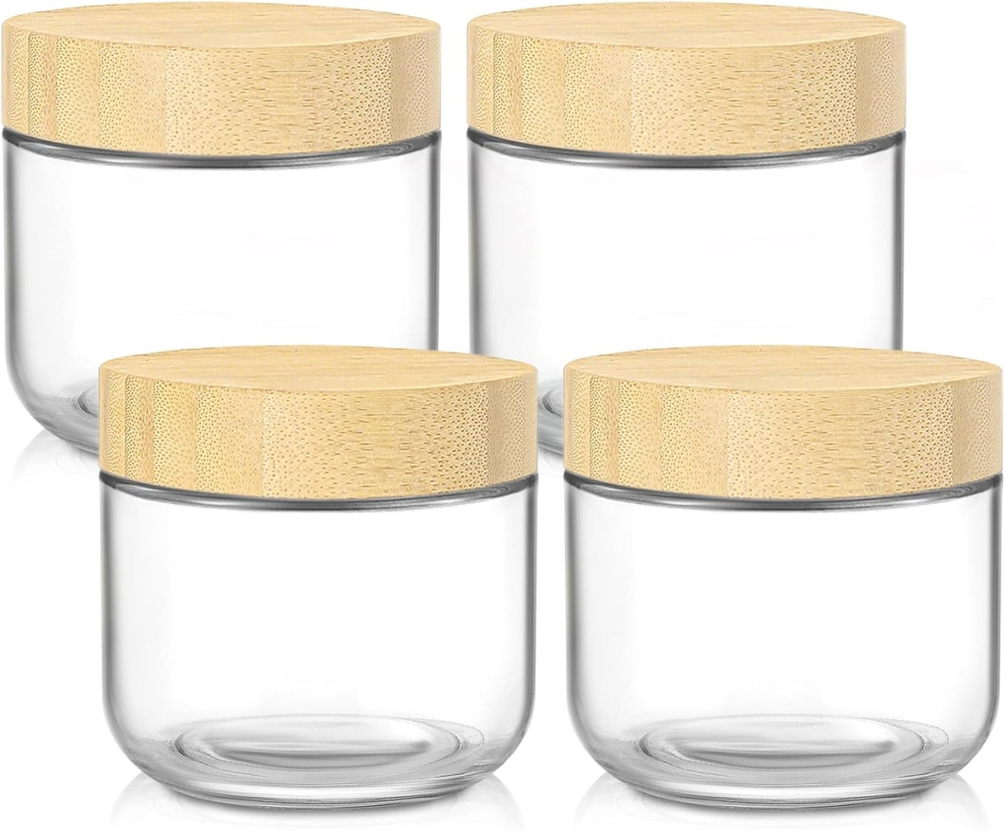 DRKIO 10 Oz Overnight Oats Containers with Bamboo Lids - 4 Pack Glass Storage Jars with Airtight Lids Wide Mouth Mason Food Jars Great for Meal Prep Salad Chia Pudding Snacks Yogurt Sugar Spice