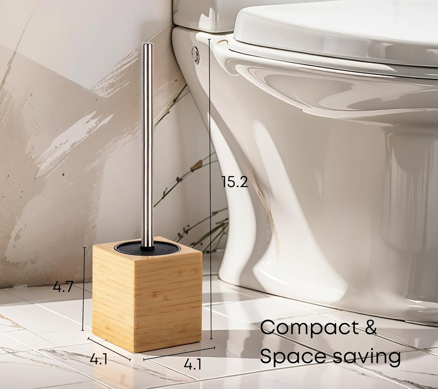 Toilet Brush with Bamboo Holder – Stainless Steel Handle, Long Toilet Scrubber for Deep Cleaning