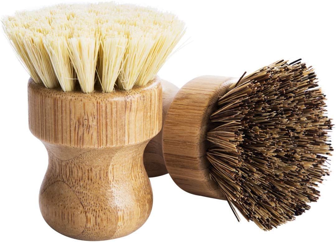 Palm Pot Brush – 3 Pack Bamboo Mini Dish Scrub Brushes with Union & Tampico Fiber for Pots, Pans & Vegetables