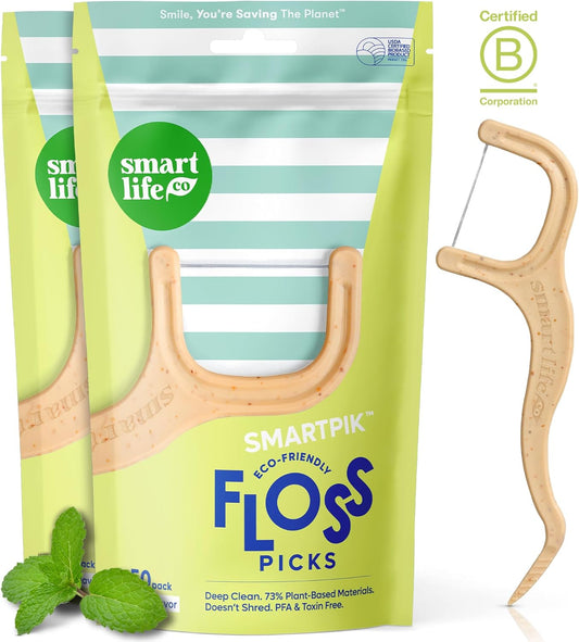 SmartLifeco Eco-Friendly Dental Floss Picks (100ct) - Flossers Made with Straw Wheat, Superior Anti-Shred Thread for Tight Gaps, Tooth Pick Stick for Adults, Soft on Gum & Teeth, Vegan, Mint