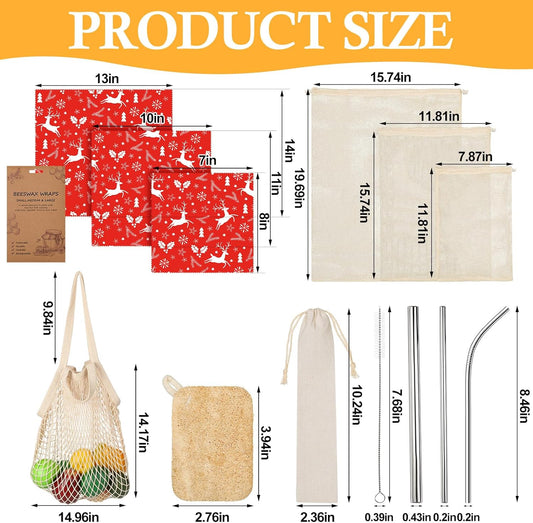 Remerry 13 Pcs Zero Waste Gift Set Beeswax Wraps, Reusable Farmers Market Bags, Mesh Bags, Straws Kit and Natural Loofah Dish Tool Christmas Kitchen Gifts