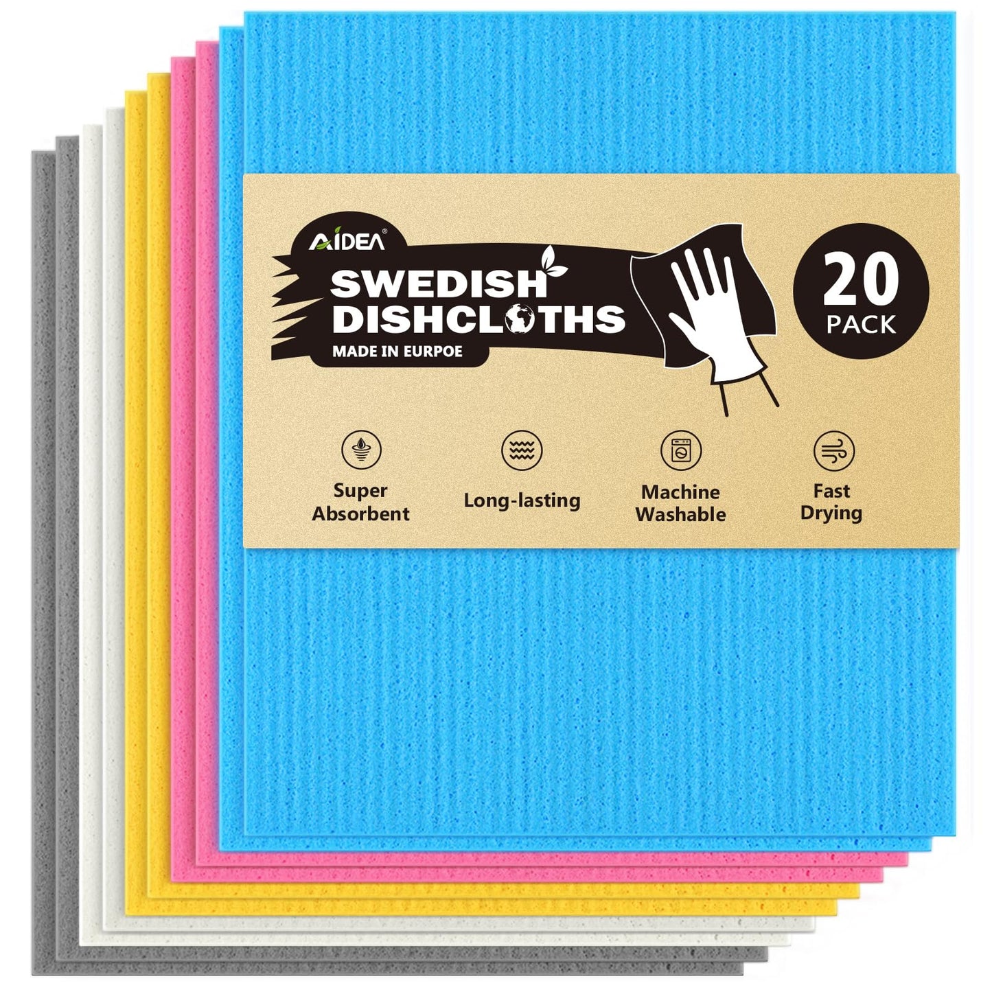 AIDEA Swedish Dishcloths for Kitchen, 20PK, Reusable Paper Towels, Kitchen Washcloths Dish Rags, Eco Friendly No Odor Reusable Cleaning Cloths, Cellulose Sponge Cloths, 7"×6"