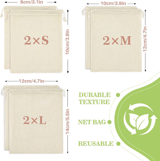 6 Pack Reusable Produce Bags Cotton Mesh Produce Bags Mesh Storage Produce Bags Reusable Durable Double Stitched With Drawstring Produce Bag For Vegetables,Fruit & Grocery Shopping (2L,2M,2S)