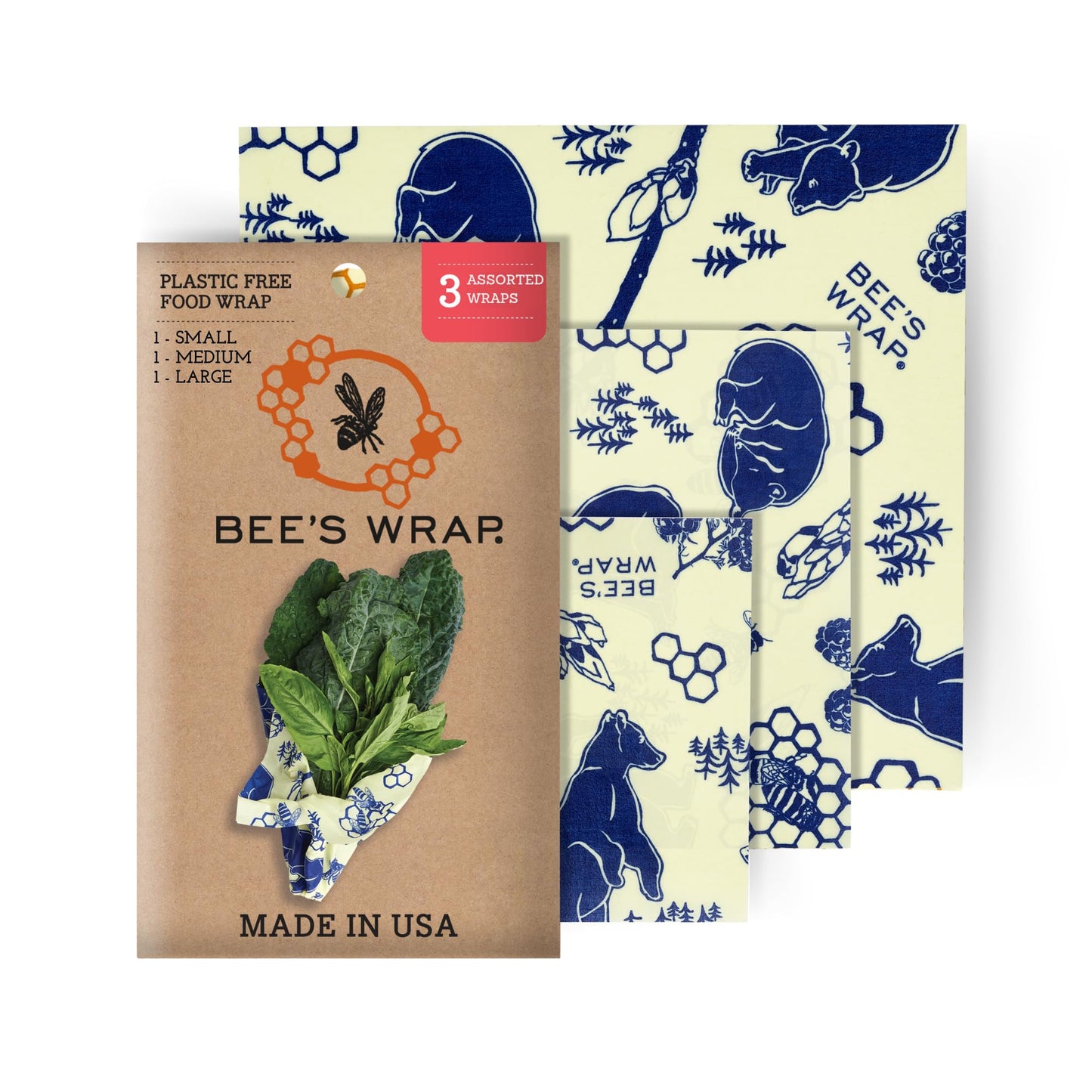 Bee's Wrap Beeswax Wraps for Food - Honeycomb 3 Pack (S, M, L) Made in USA Reusable & Organic Food Wraps, Sandwich Wrap & Bowl Covers - Eco-Friendly Alternative to Aluminum Foil & Plastic Wrap
