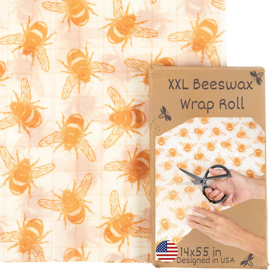 XXL Reusable Beeswax Wraps For Food - 14 x 55 in Roll | Cut to Size Bees Wax Wraps Reusable | Extra Large Beeswax Paper Sheet | Cute Bees Wax Roll for Food Wraps