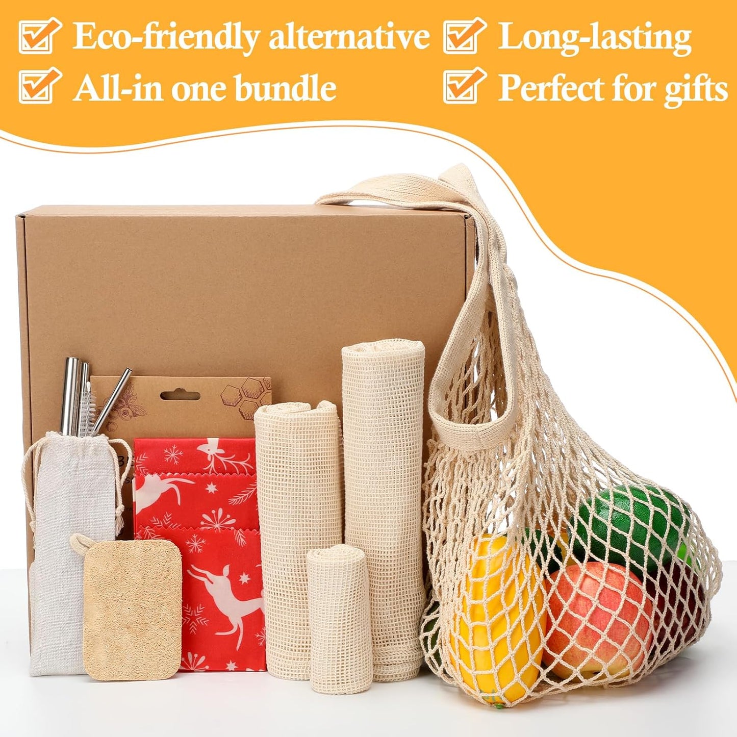 Remerry 13 Pcs Zero Waste Gift Set Beeswax Wraps, Reusable Farmers Market Bags, Mesh Bags, Straws Kit and Natural Loofah Dish Tool Christmas Kitchen Gifts