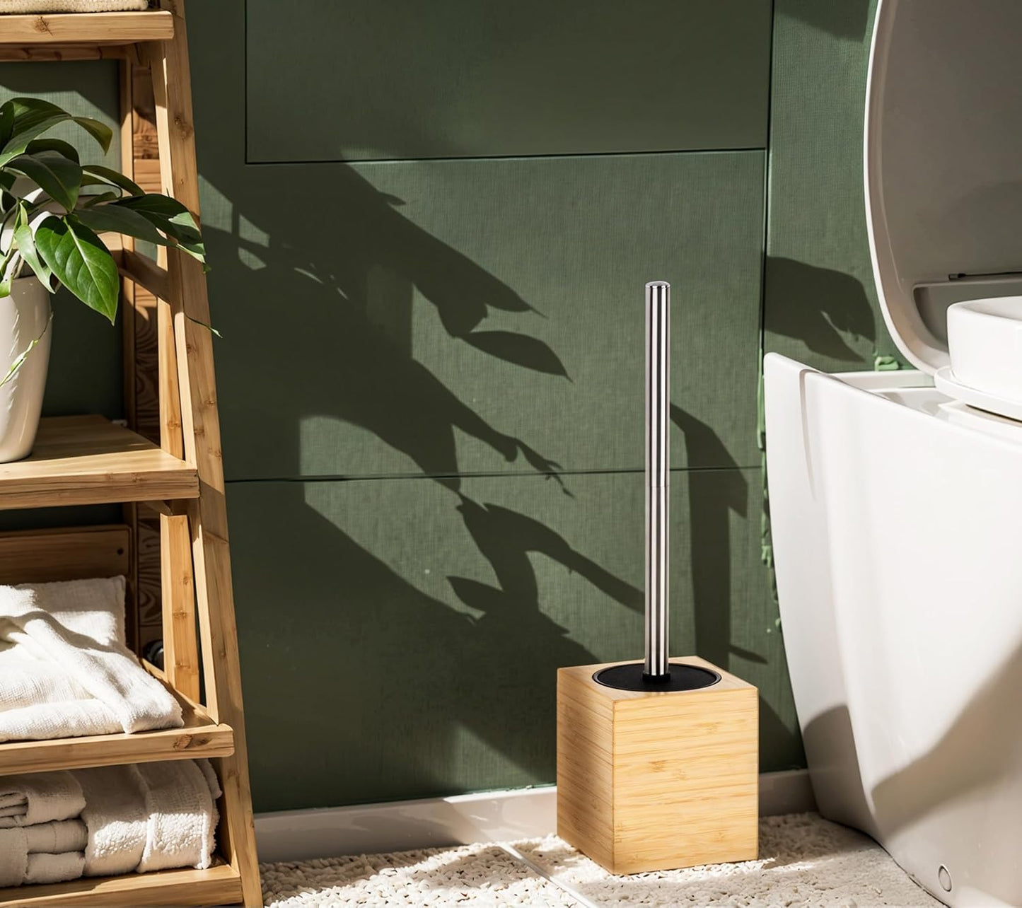 Toilet Brush with Bamboo Holder – Stainless Steel Handle, Long Toilet Scrubber for Deep Cleaning