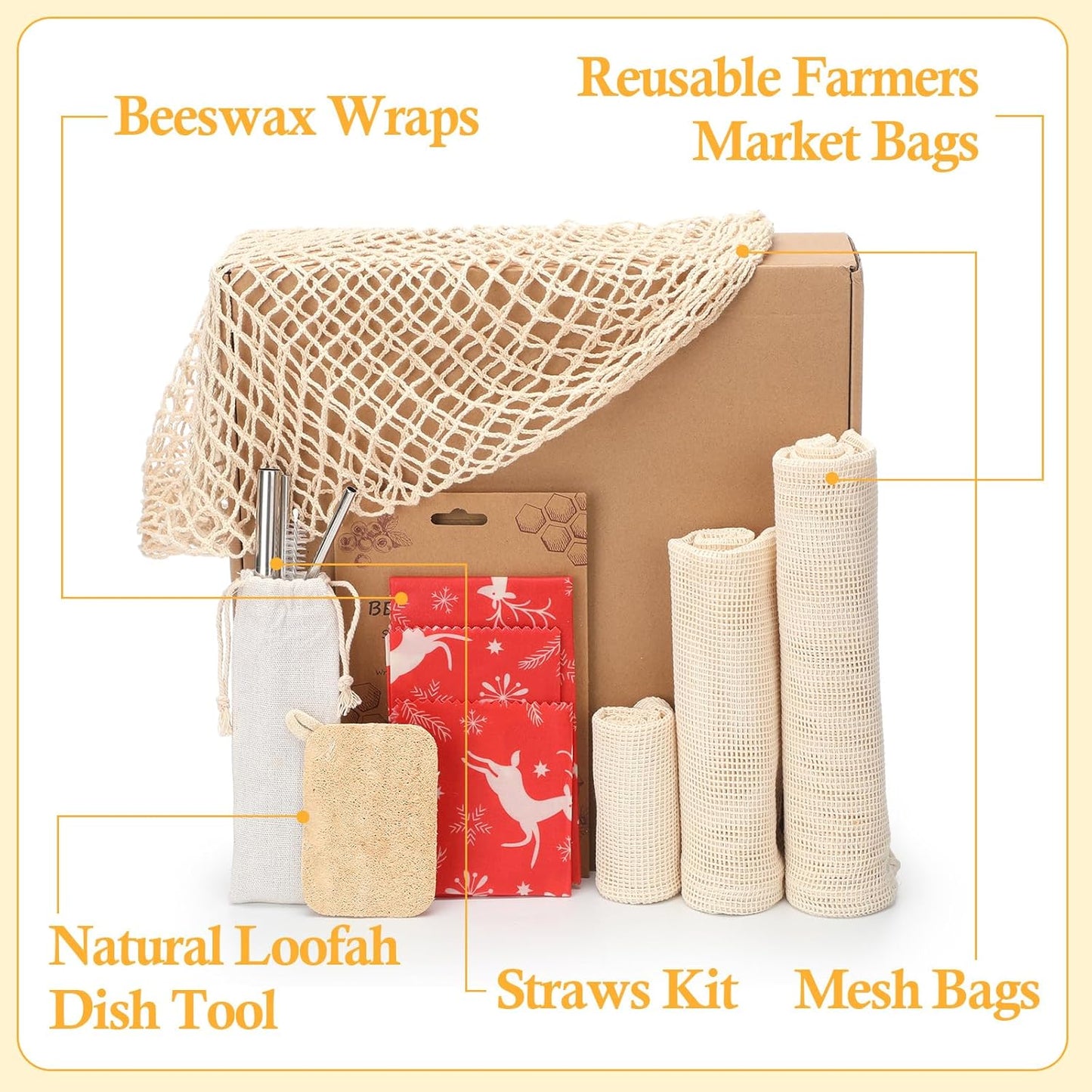 Remerry 13 Pcs Zero Waste Gift Set Beeswax Wraps, Reusable Farmers Market Bags, Mesh Bags, Straws Kit and Natural Loofah Dish Tool Christmas Kitchen Gifts