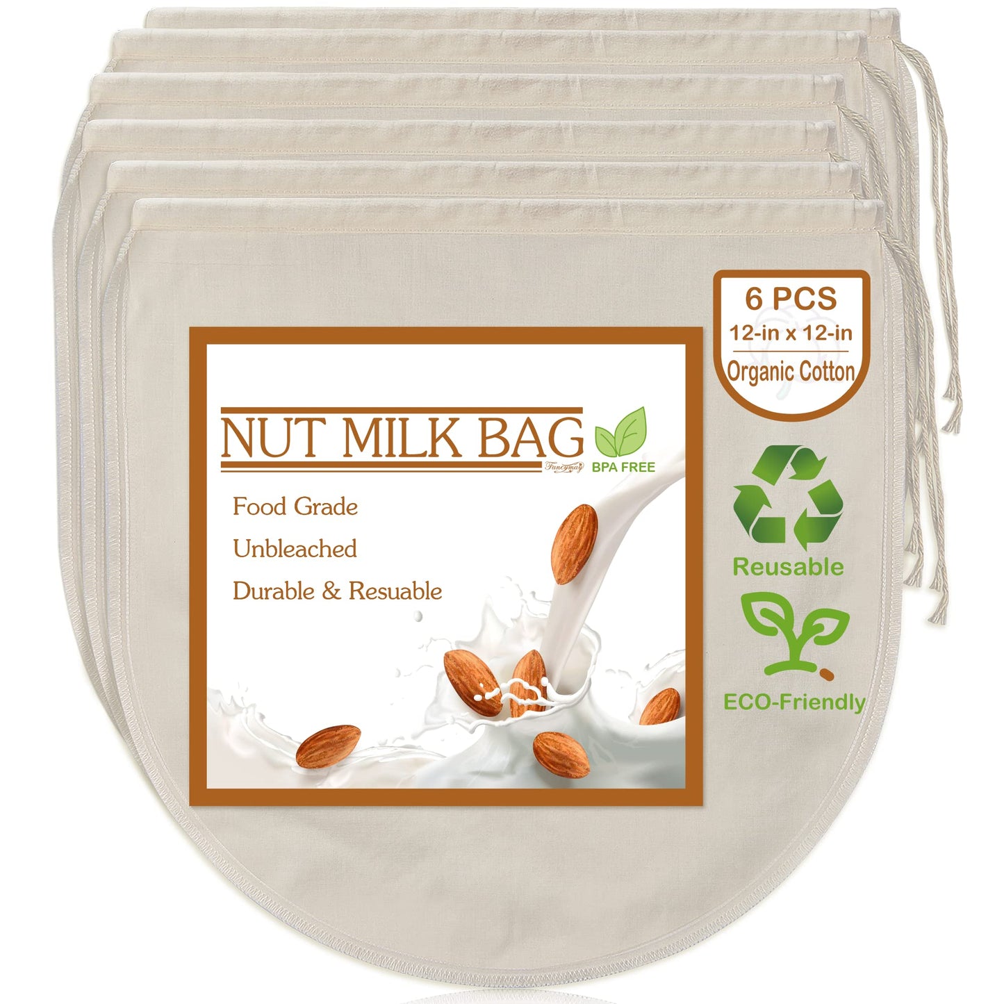 3 PCS 12"x12" Nut Milk Bags - 100% Unbleached Cotton Cheesecloth, Reusable Food Strainer Colander For Straining Almond/Oat Milk, Celery Juice, Cold Brew Coffee, Yogurt and Cheese Making