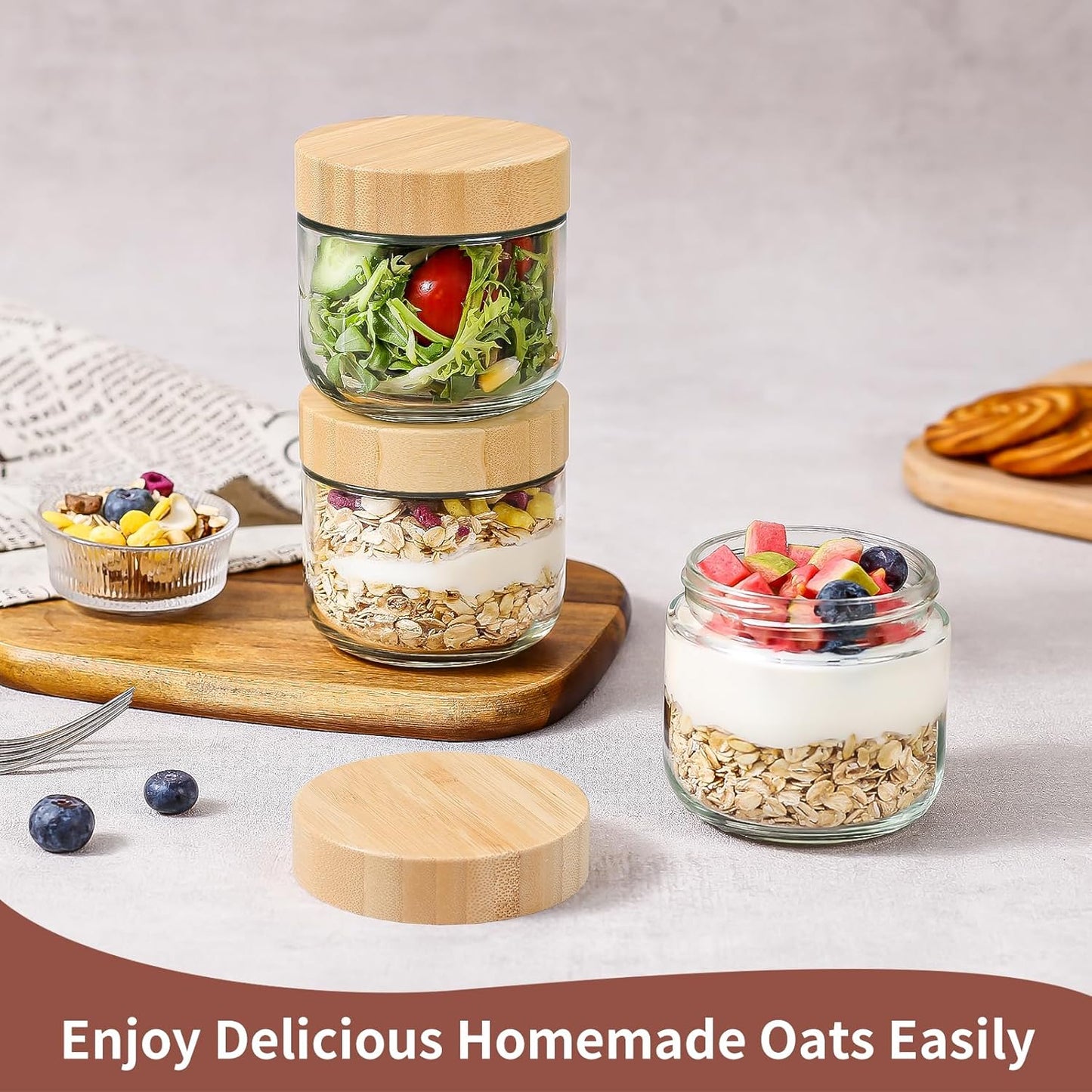 DRKIO 10 Oz Overnight Oats Containers with Bamboo Lids - 4 Pack Glass Storage Jars with Airtight Lids Wide Mouth Mason Food Jars Great for Meal Prep Salad Chia Pudding Snacks Yogurt Sugar Spice