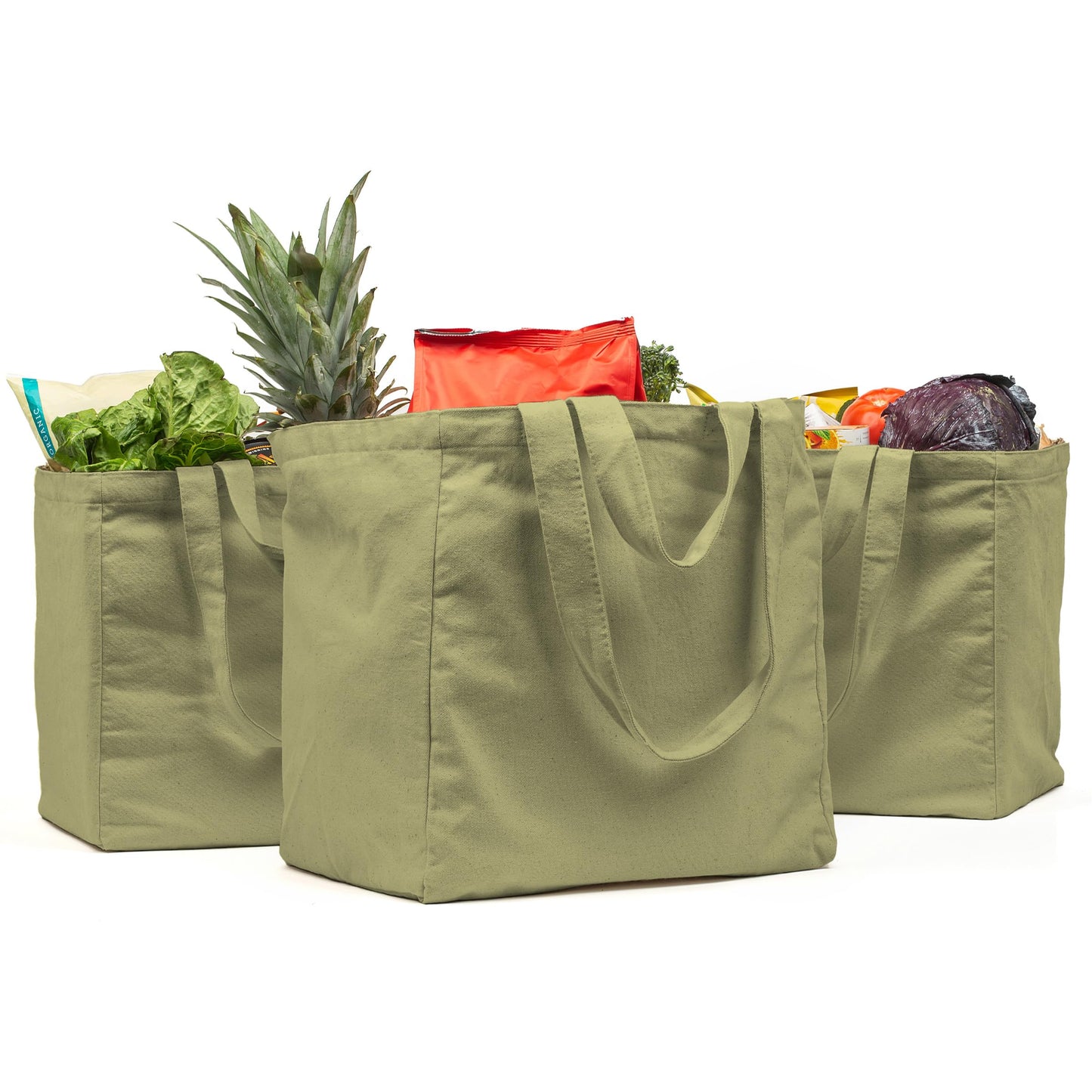 VeraMia Canvas Grocery Bag 3pc XL Set with Real Pockets, Long Shoulder Strap and Short Handle. Heavy Duty, Foldable, Washable