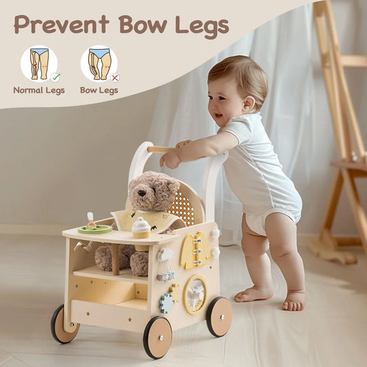 Wooden Baby Walker & Doll Stroller – Push Toy with Safety Brake for 10+ Months