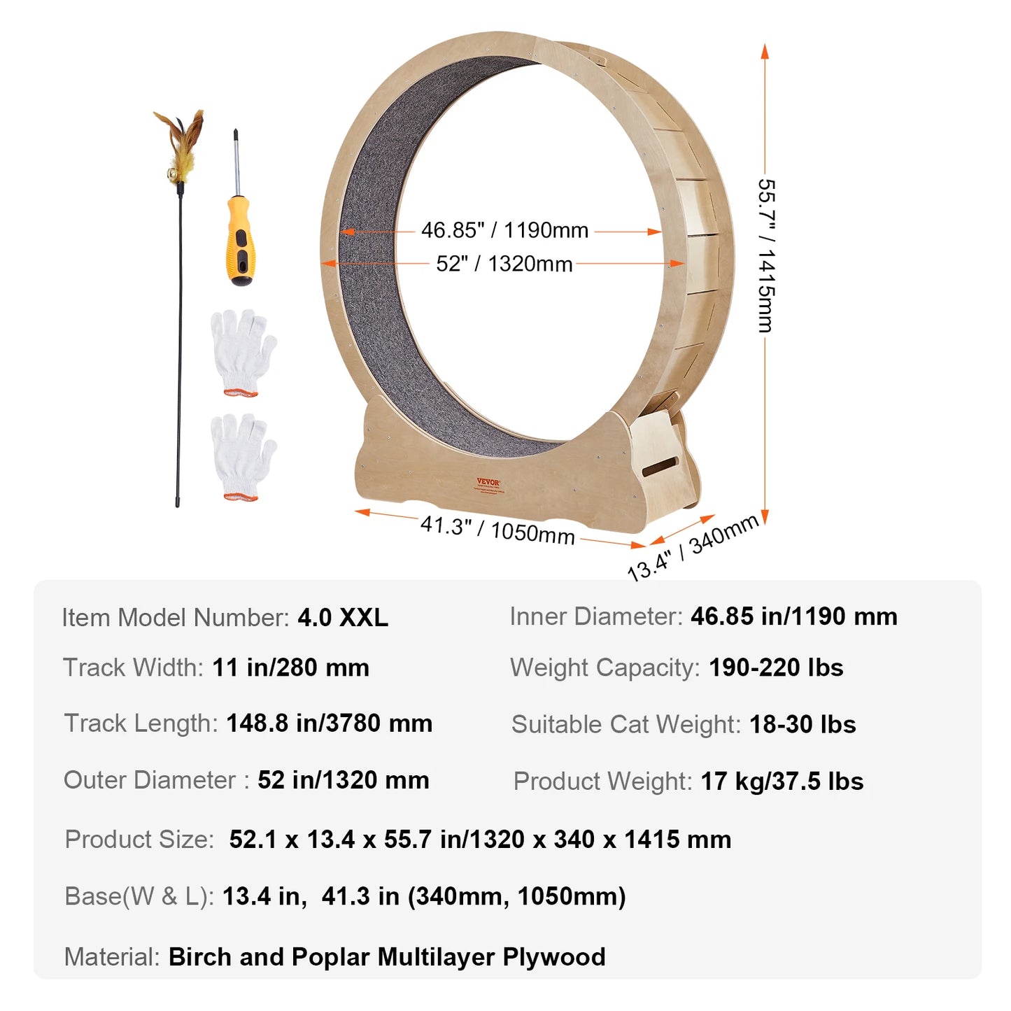 Natural Wood Cat Exercise Wheel Silent Running Pet Fitness Toy with Detachable Carpet