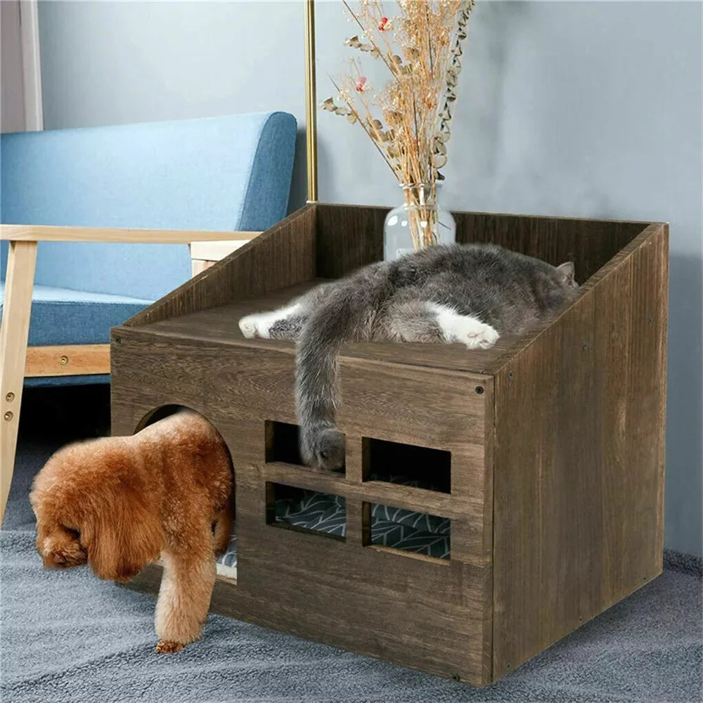 2-in-1 Wooden Pet House & End Table – Hideout for Cats, Puppies & Rabbits with Washable Cushion