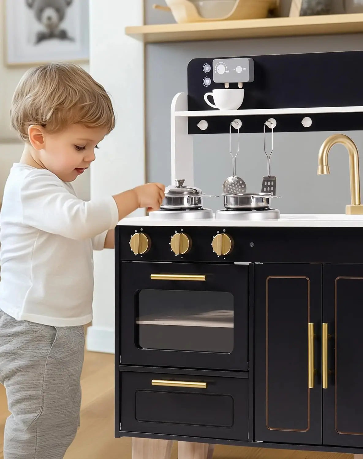 Kids Wooden Play Kitchen, Modern Toy Kitchen with Marble Countertop for Toddlers