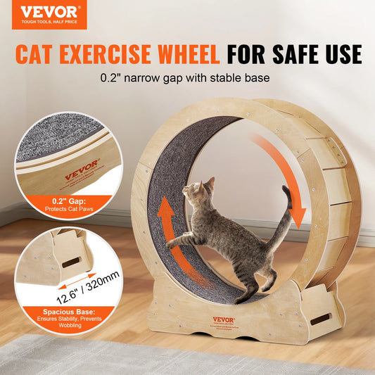 Natural Wood Cat Exercise Wheel Silent Running Pet Fitness Toy with Detachable Carpet