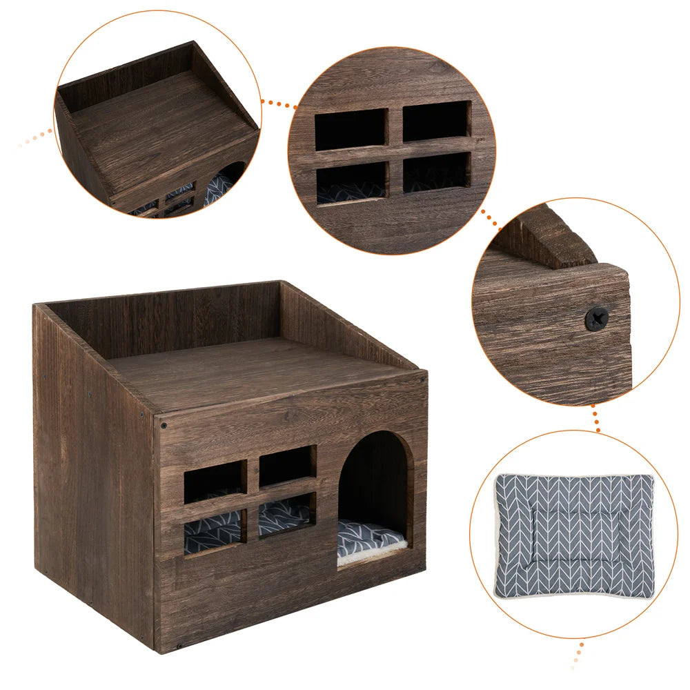 2-in-1 Wooden Pet House & End Table – Hideout for Cats, Puppies & Rabbits with Washable Cushion