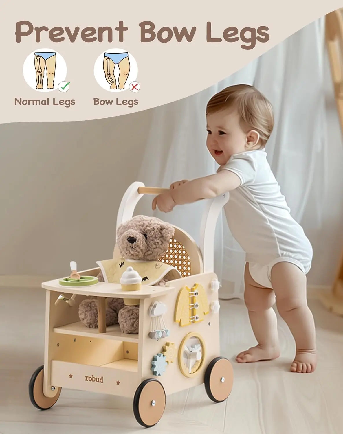 Wooden Baby Walker & Doll Stroller – Push Toy with Safety Brake for 10+ Months