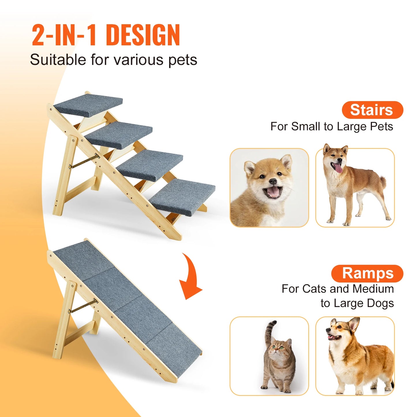 2-in-1 Wooden Pet Steps & Ramp β Foldable, Adjustable for Small to Large Dogs & Cats