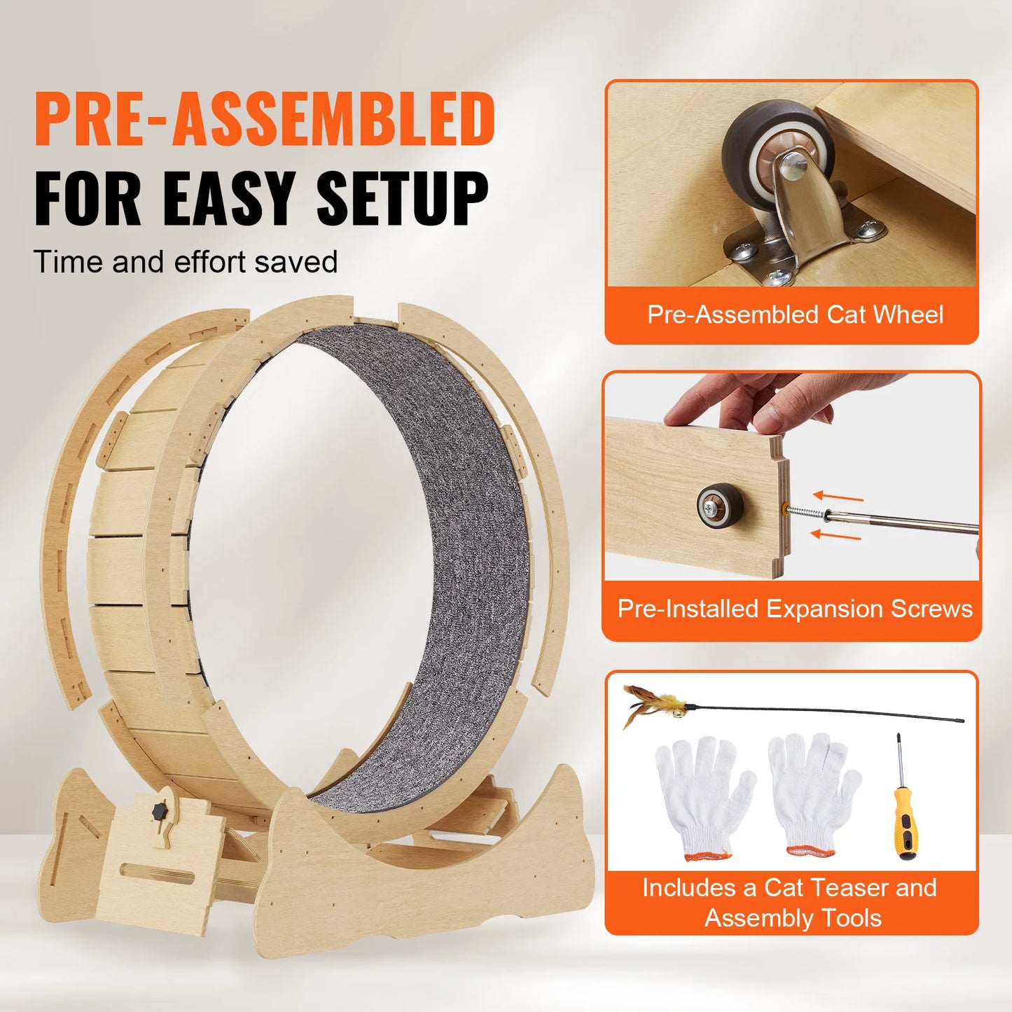 Natural Wood Cat Exercise Wheel Silent Running Pet Fitness Toy with Detachable Carpet