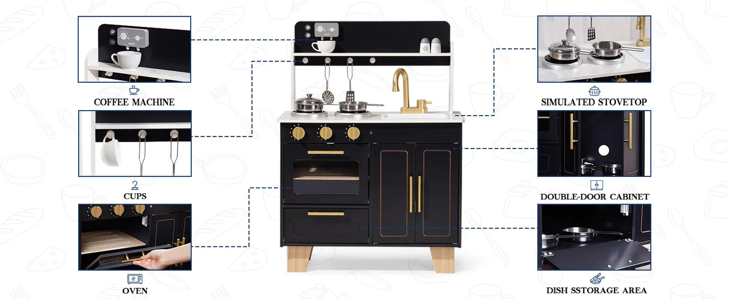 Kids Wooden Play Kitchen, Modern Toy Kitchen with Marble Countertop for Toddlers