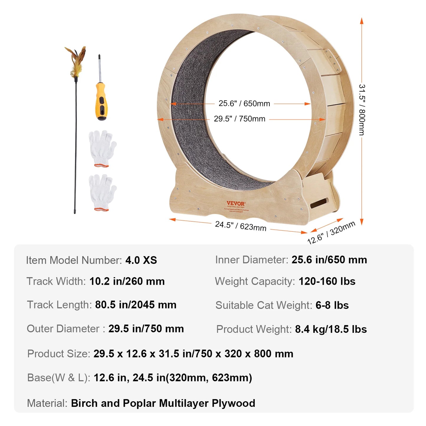 Natural Wood Cat Exercise Wheel Silent Running Pet Fitness Toy with Detachable Carpet