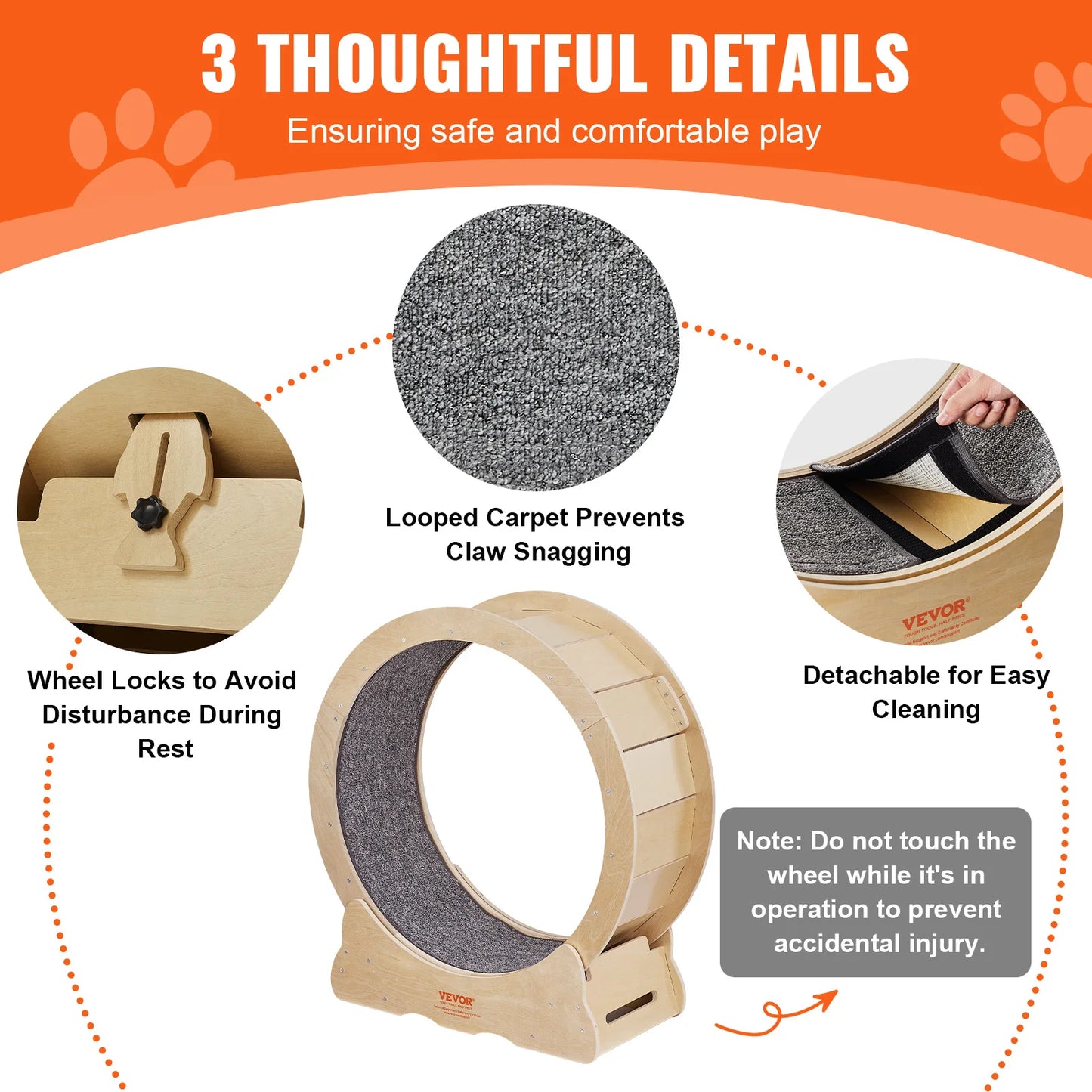Natural Wood Cat Exercise Wheel Silent Running Pet Fitness Toy with Detachable Carpet
