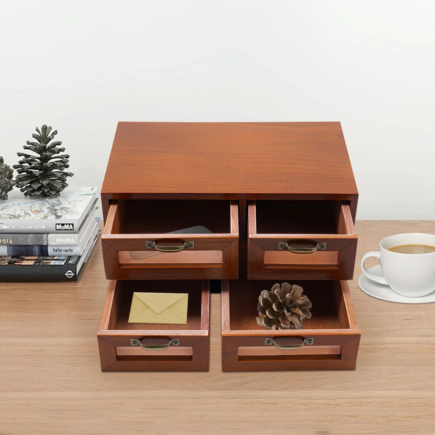 Retro Wood 4-Drawer Desk Organizer Cabinet for Jewelry, Makeup & More